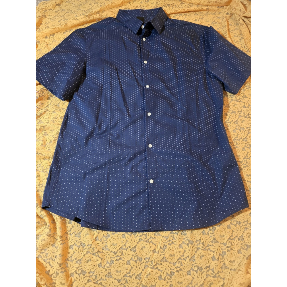 H&M Navy And White Polka Dot Slim Fit Button Down Shirt Size Mens Large